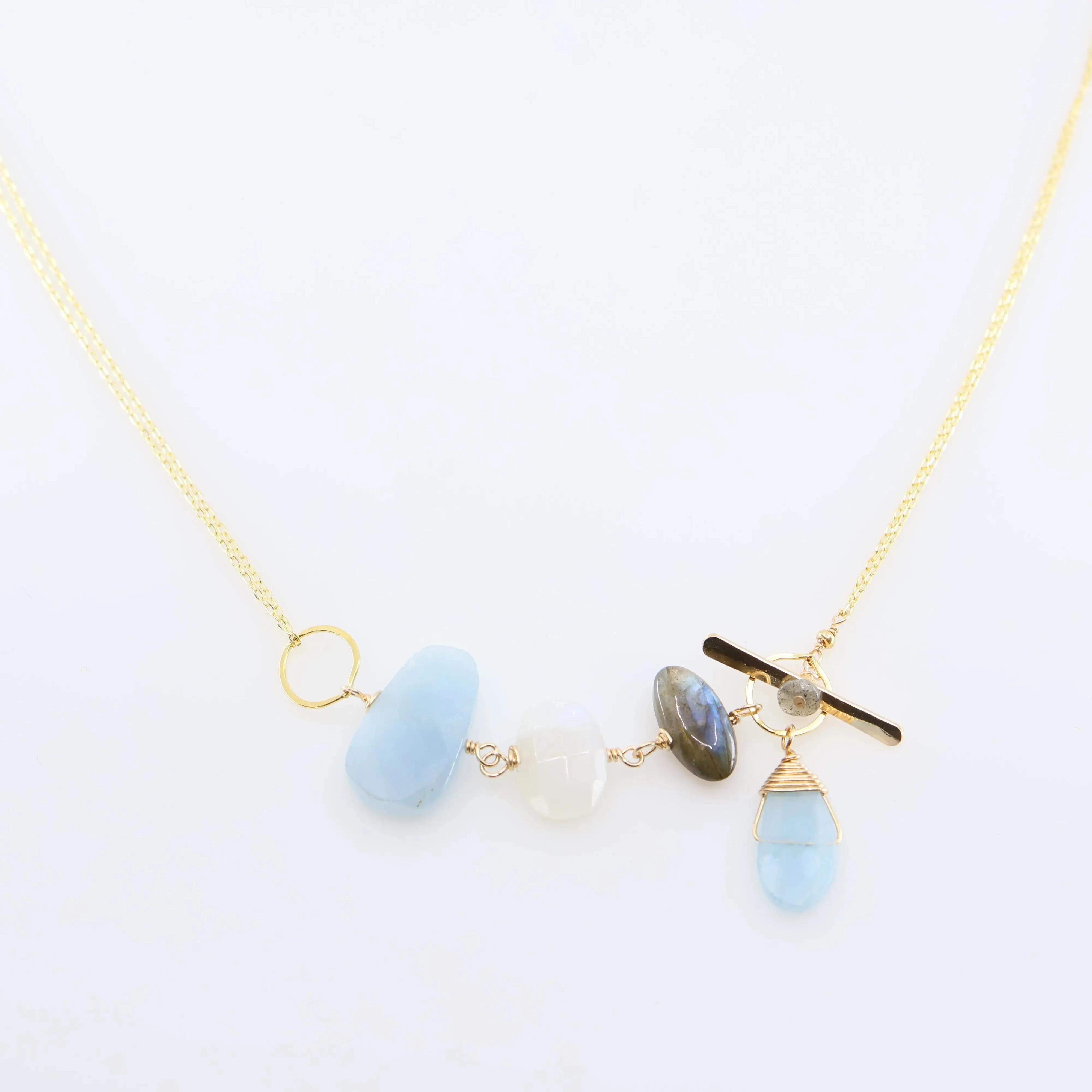 Milky Aquamarine, Rainbow Moonstone and Labradorite Toggle Clasp Necklace