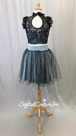 Slate Blue Lycra and Black Lace Top with Tulle/Lycra Skirt - Rhinestones
