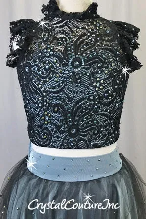 Slate Blue Lycra and Black Lace Top with Tulle/Lycra Skirt - Rhinestones