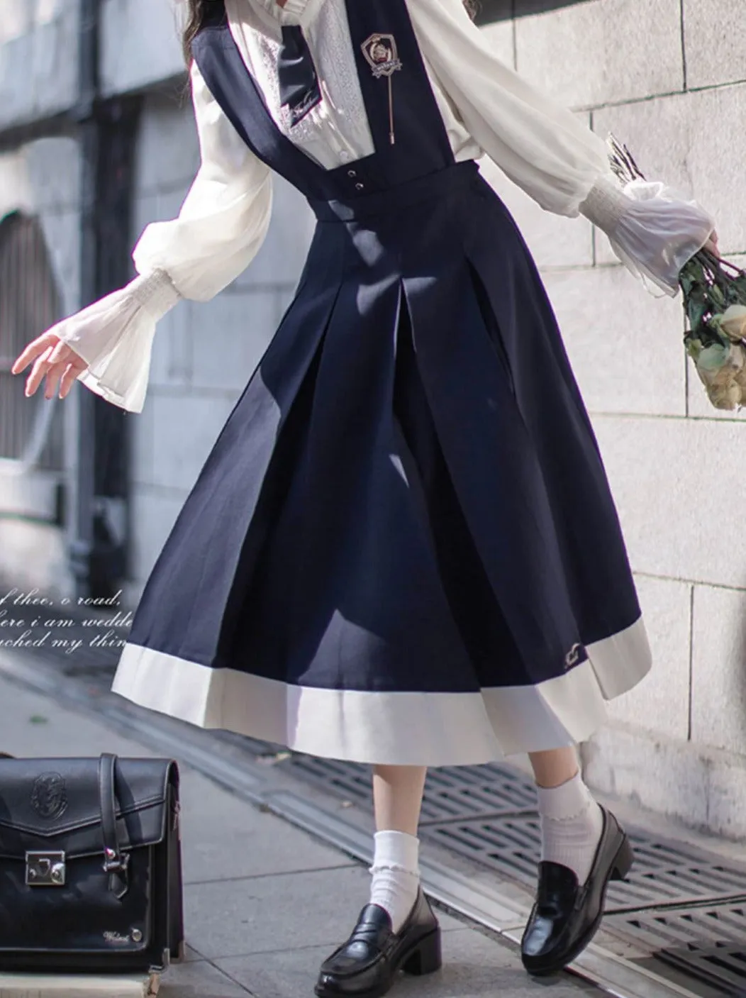 Style Beret   Emblem Elegant Ruffle   College Chiffon Dress   Blouse Tie Retro Cyan