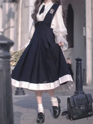 Style Beret   Emblem Elegant Ruffle   College Chiffon Dress   Blouse Tie Retro Cyan