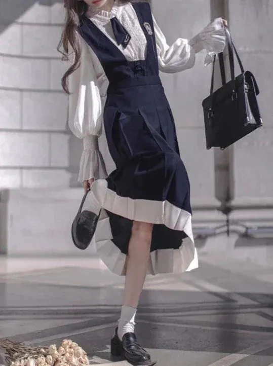 Style Beret   Emblem Elegant Ruffle   College Chiffon Dress   Blouse Tie Retro Cyan