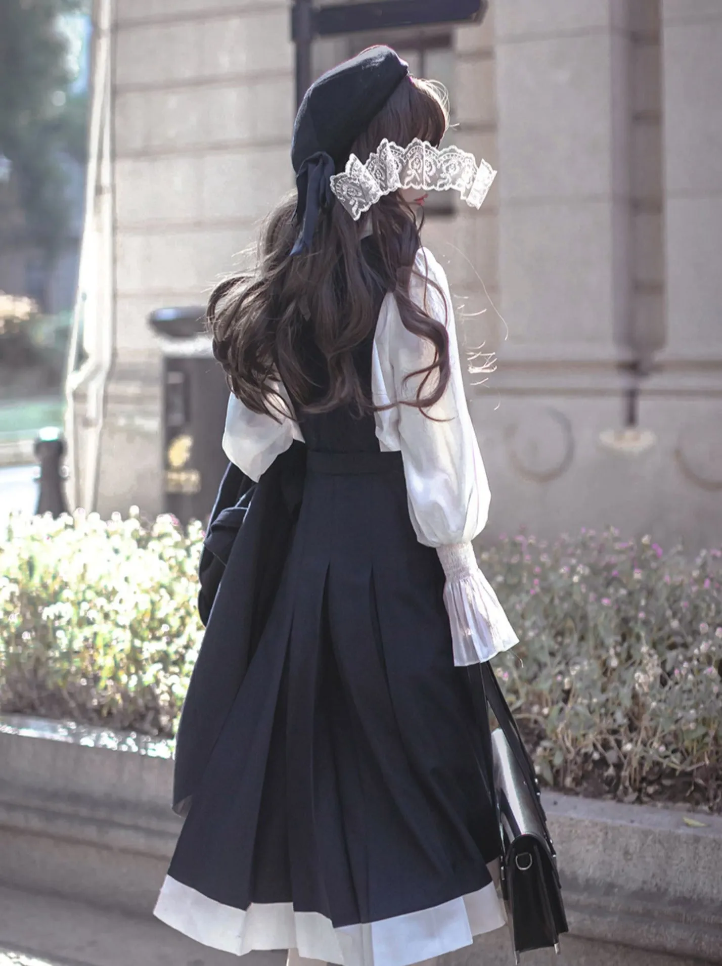 Style Beret   Emblem Elegant Ruffle   College Chiffon Dress   Blouse Tie Retro Cyan