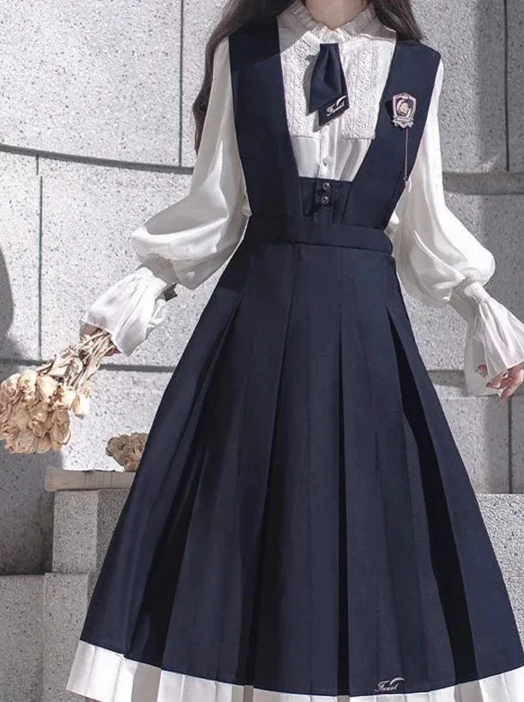 Style Beret   Emblem Elegant Ruffle   College Chiffon Dress   Blouse Tie Retro Cyan