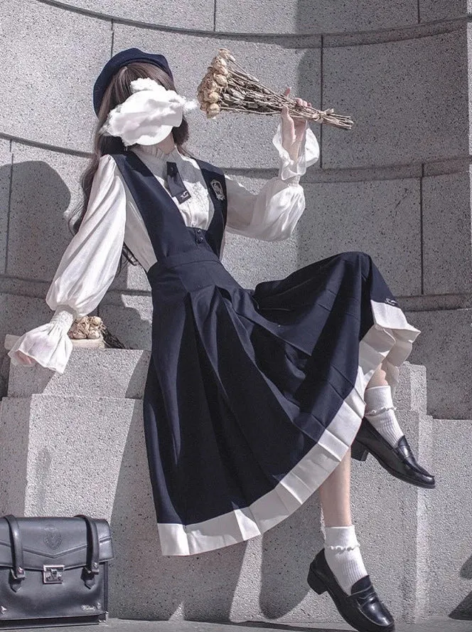 Style Beret   Emblem Elegant Ruffle   College Chiffon Dress   Blouse Tie Retro Cyan
