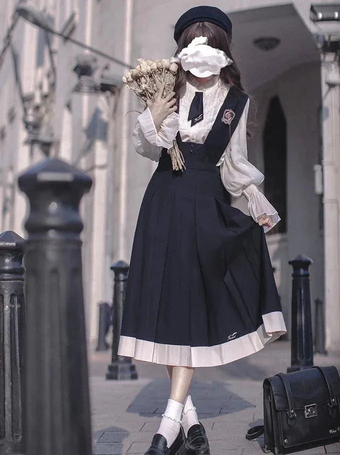 Style Beret   Emblem Elegant Ruffle   College Chiffon Dress   Blouse Tie Retro Cyan
