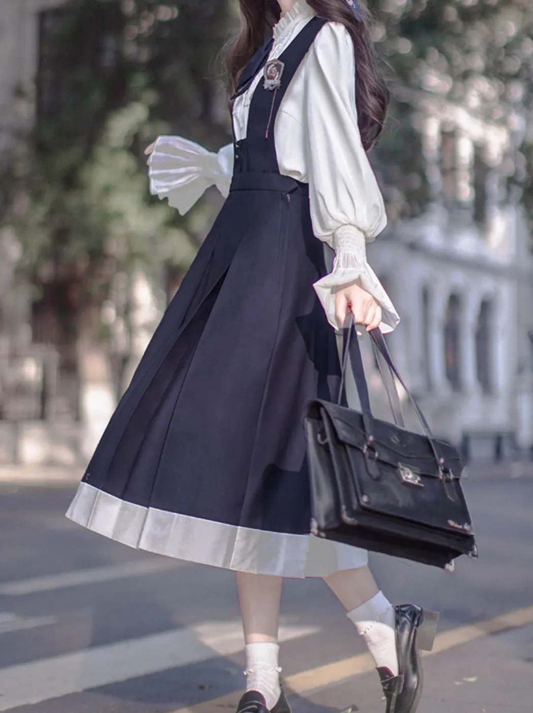 Style Beret   Emblem Elegant Ruffle   College Chiffon Dress   Blouse Tie Retro Cyan