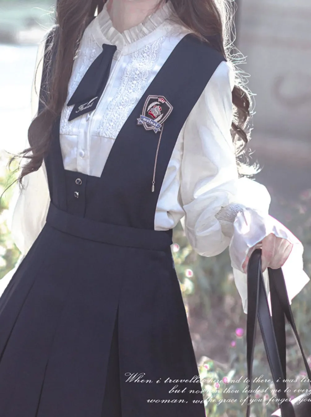 Style Beret   Emblem Elegant Ruffle   College Chiffon Dress   Blouse Tie Retro Cyan
