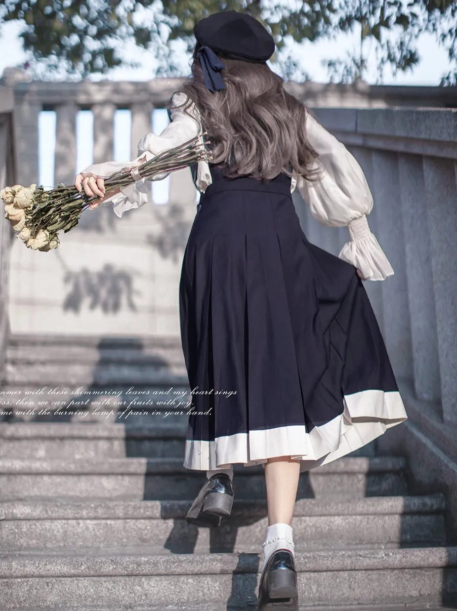 Style Beret   Emblem Elegant Ruffle   College Chiffon Dress   Blouse Tie Retro Cyan