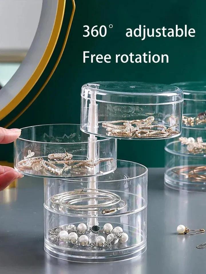 Transparent 360 Degree Rotating Dustproof Jewelry Box Small Multilayer Earring Ring Hairpin Jewelry Display Rack Storage Box